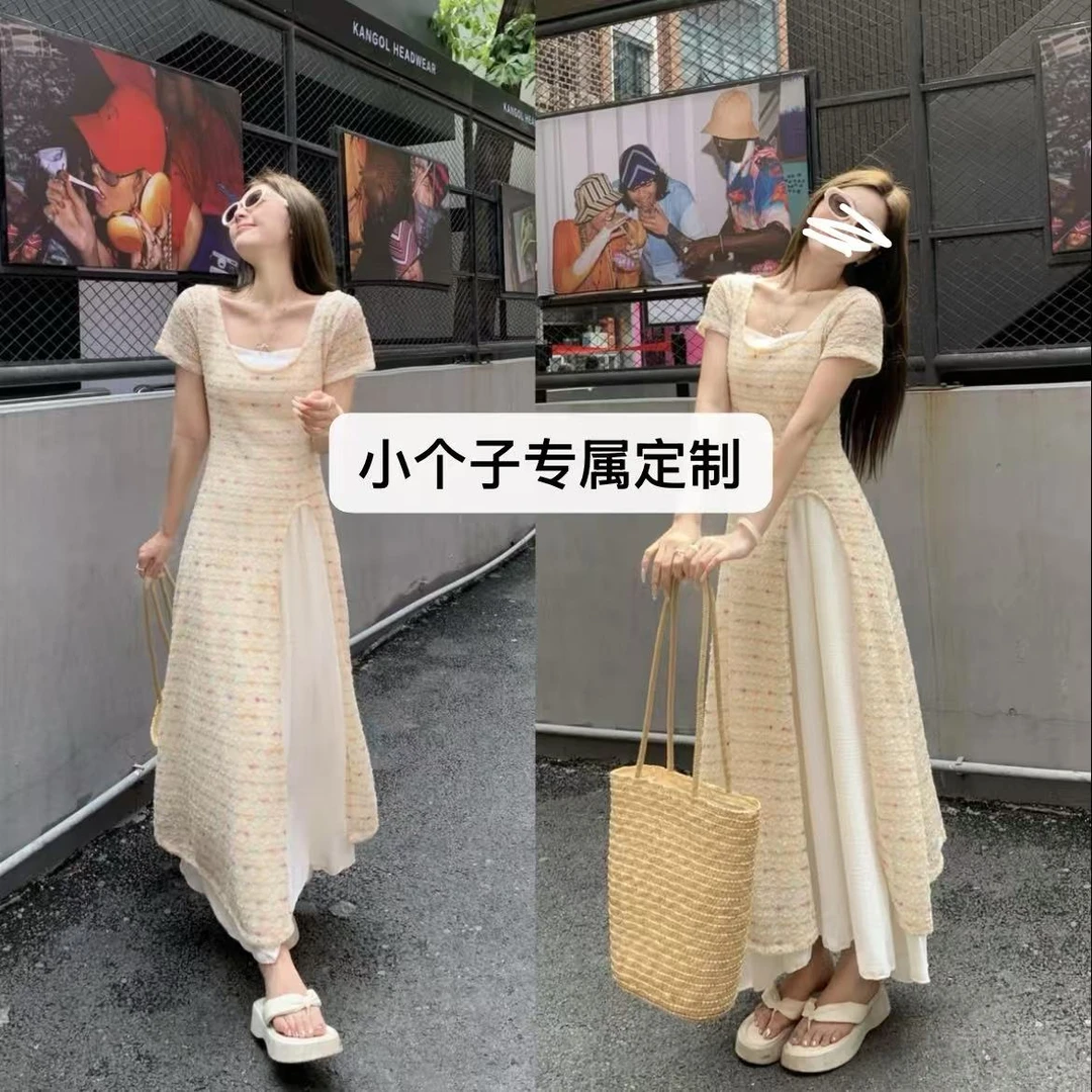 小个子专属定制法式叠穿设计感氧气开叉罩衫白色吊带连衣裙套装