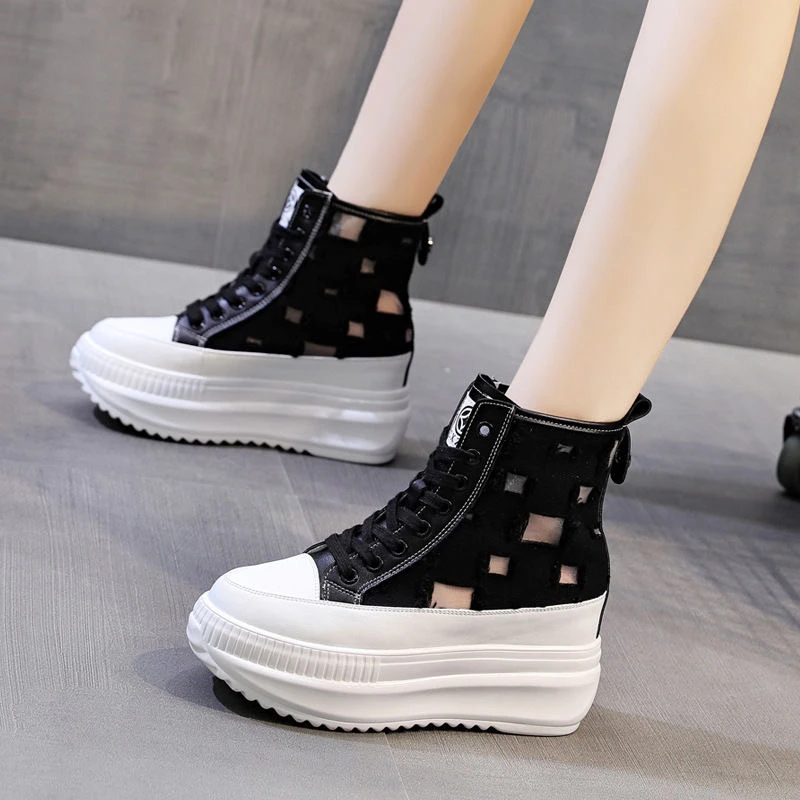 网纱靴子女镂空网靴2025夏季新款短靴薄款马丁靴8cm厚底增高女鞋