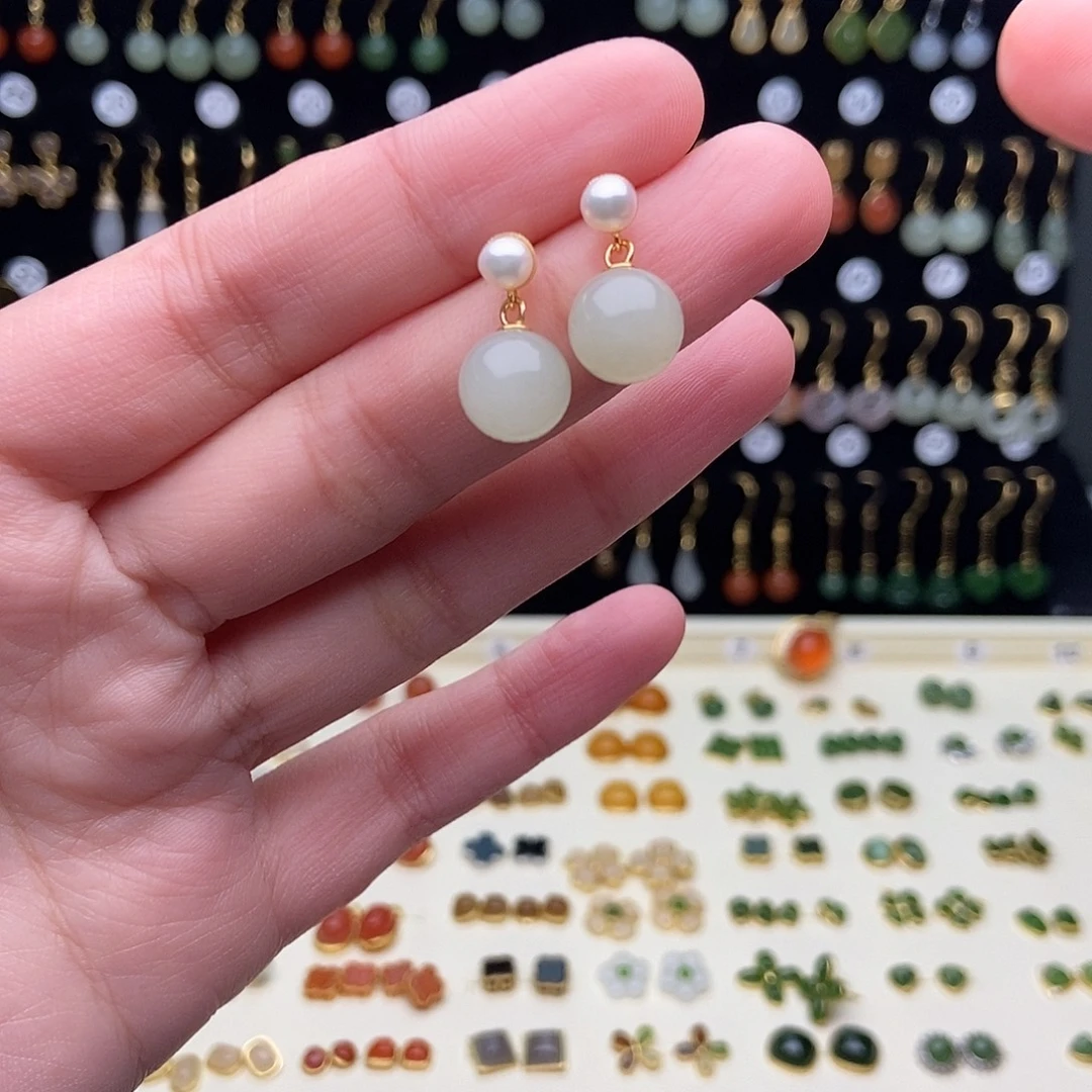 和田玉银S925镀金镶嵌耳饰