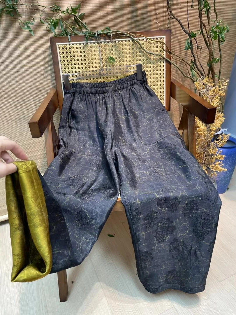 100香云纱龟裂纹双面双穿深圳高货人丝凉爽夏季女裤子新中式