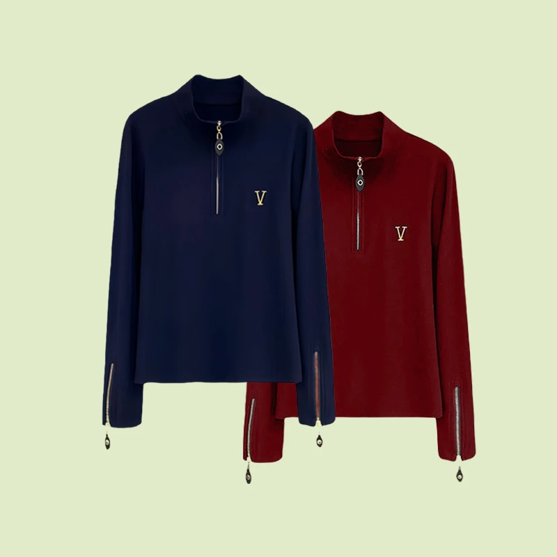 保暖打底衫上衣2024冬季新款时尚百搭拉链拼接设计感洋气立领上衣