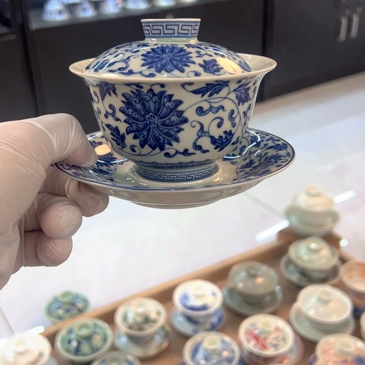 瓷片白青花缠枝莲元宝盖碗全品