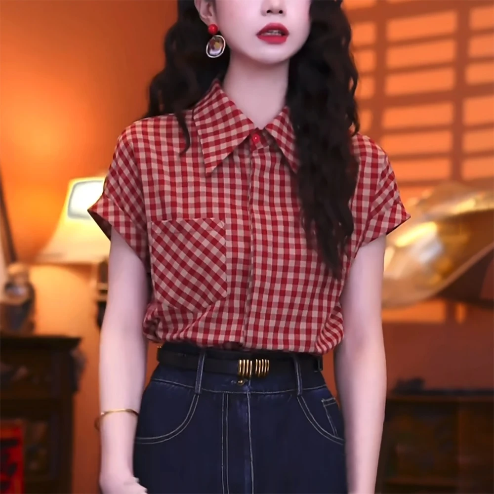 红色格子休闲短袖衬衫女2025夏季新款时尚洋气减龄复古设计感上衣