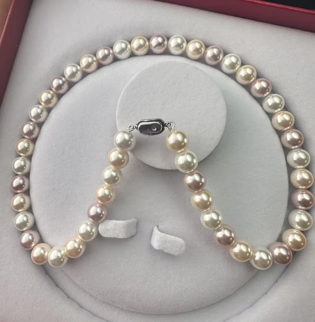 坠链均925银仿珍珠 s925银元宝扣三色糖果珠项链