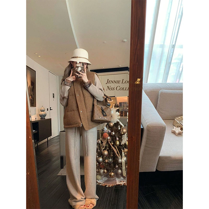 冬季复古气质老钱风修身针织开衫高腰直筒休闲长裤宽松马甲外套女