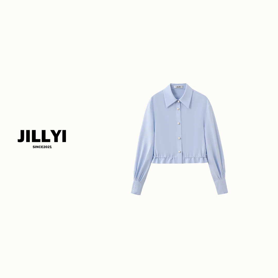 jillyi【卡普里海岛】蓝色POLO领纯色时尚风四季通用休闲衬衫