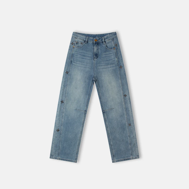 “十字闪钻”潮流弯刀裤浅蓝显瘦牛仔裤女款LW5533