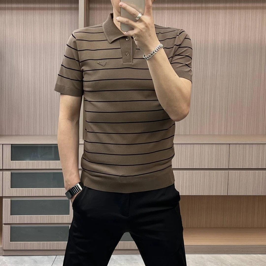 2025新夏季男士针织短袖上衣商务休闲透气弹力条纹POLO领高品质