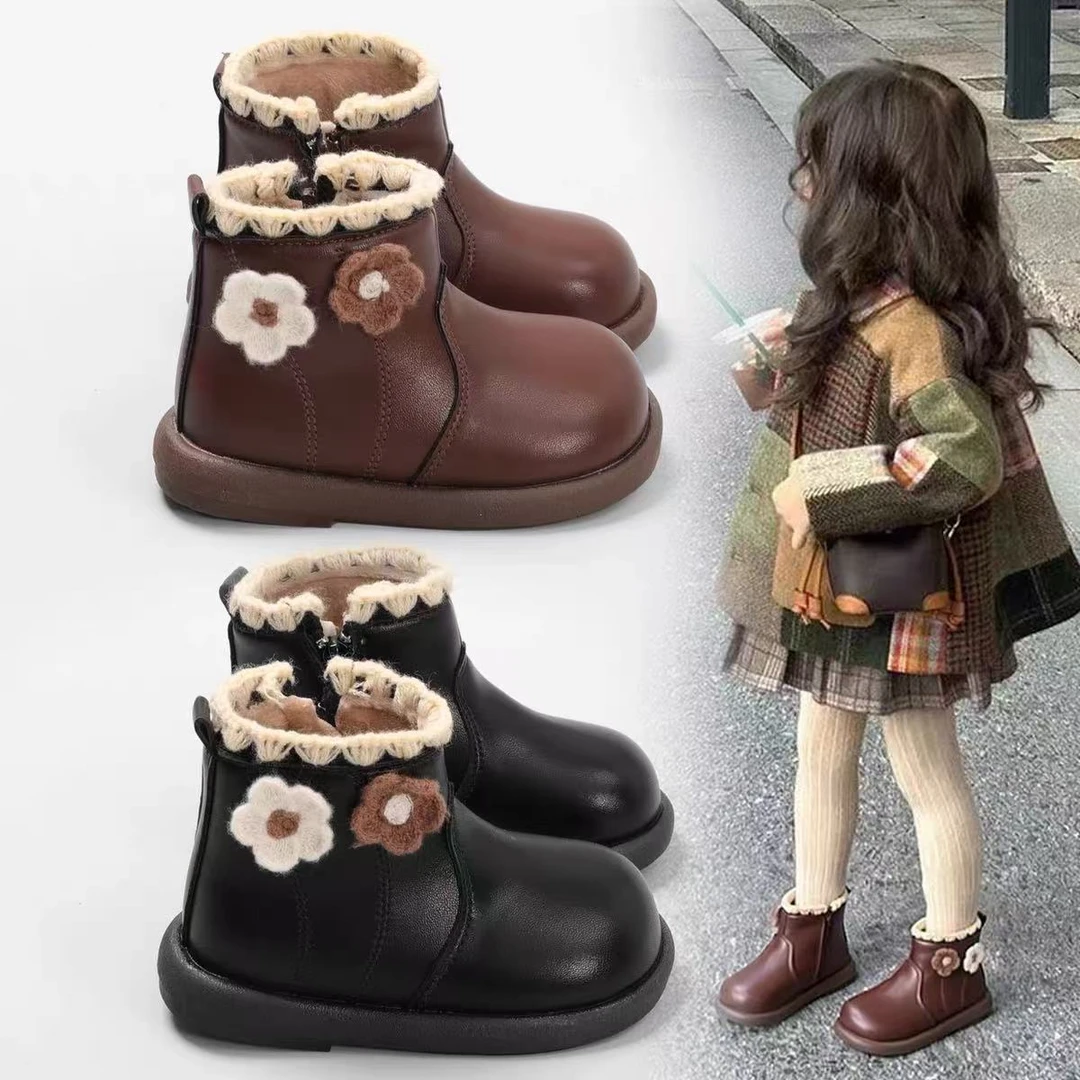 女童短靴公主2025冬季新款洋气防水保暖皮靴女宝宝防滑加绒小童鞋