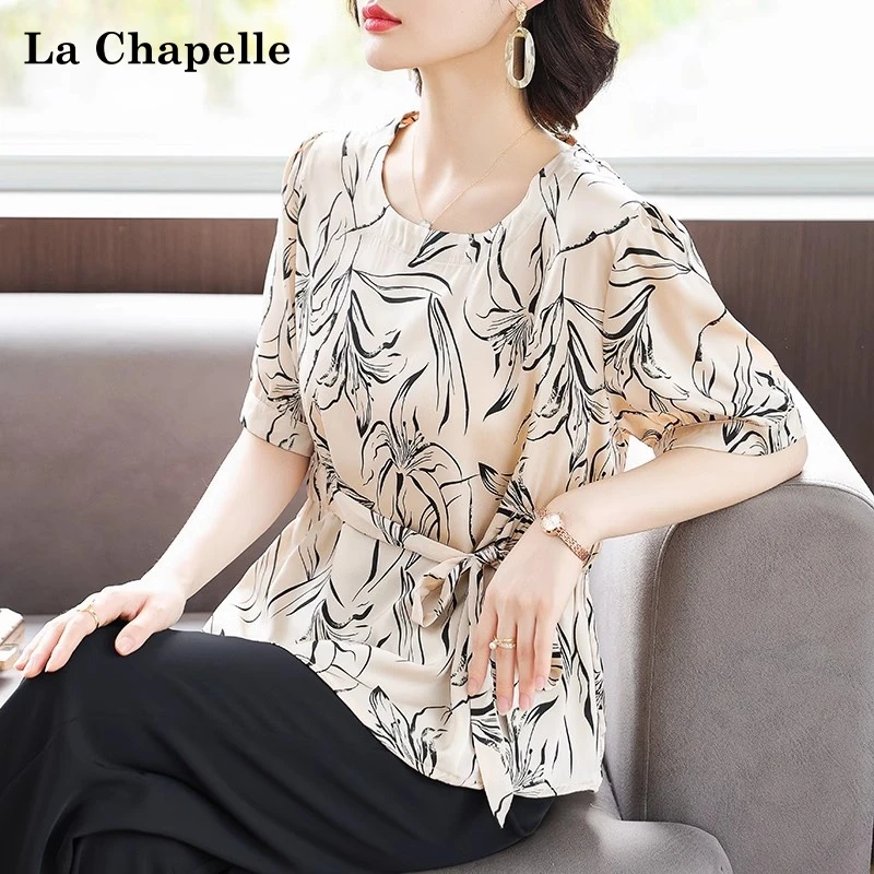 拉夏贝尔母亲节妈妈上衣夏装短袖T恤中老年女装洋气收腰雪纺小衫