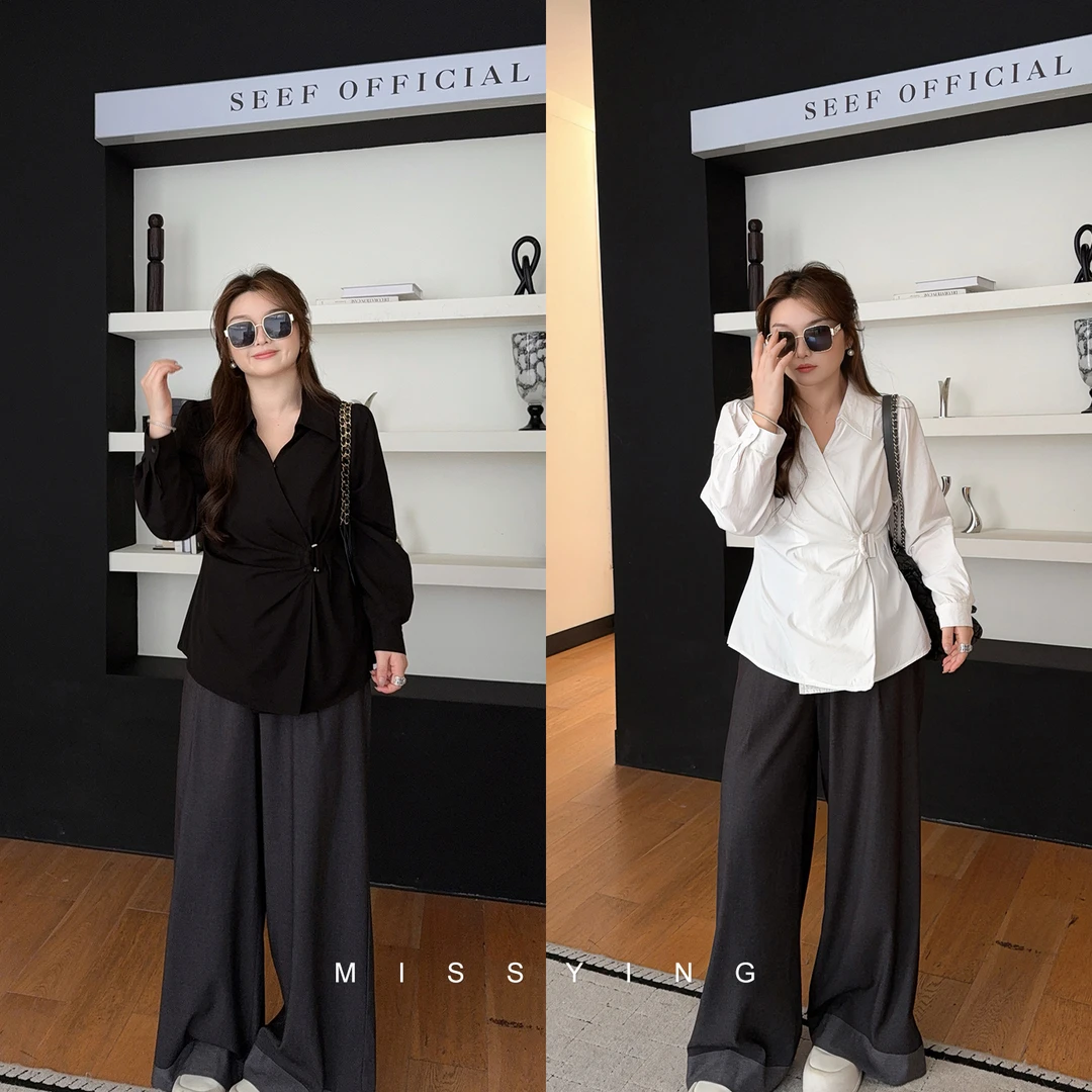 应小姐【晓诗集】微胖大码秋季休闲显瘦设计感宽松纯色百搭长袖衬衫