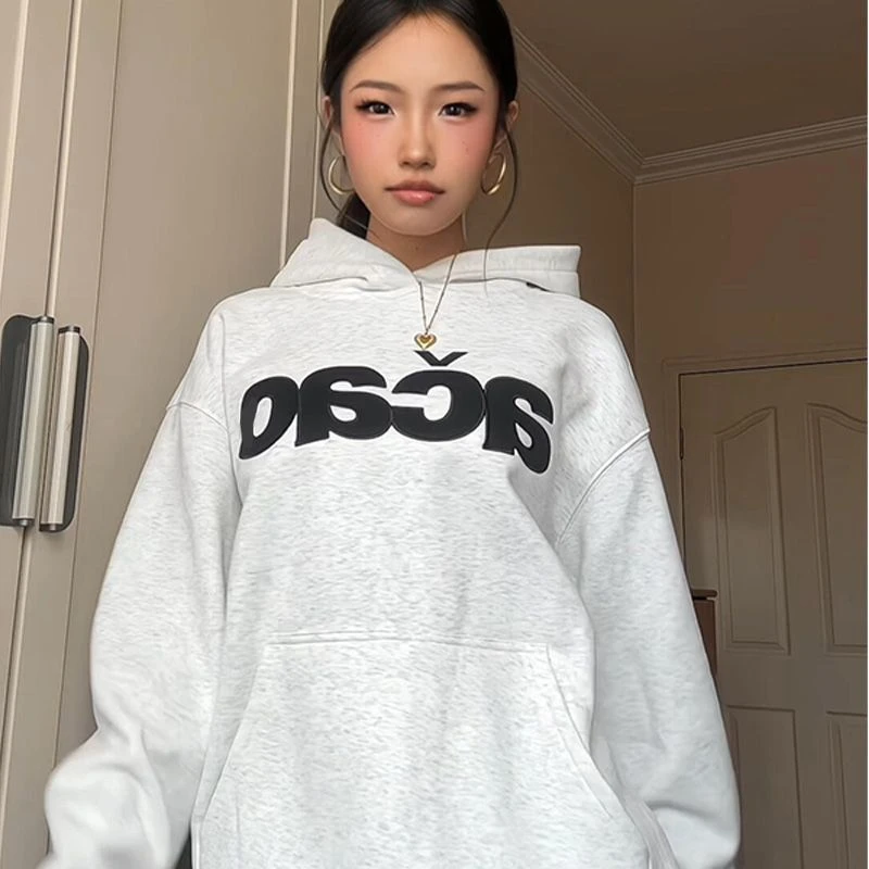 NASA ROAD美式复古字母连帽卫衣女春秋新款贴布刺绣情侣百搭上衣