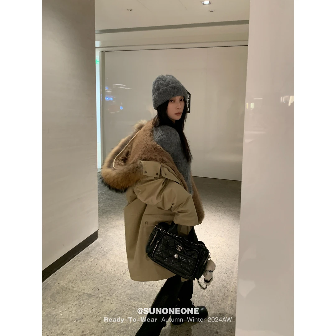 SUNONEONE 连帽大毛领派克服女秋季加厚美式宽松短款大衣H0682W