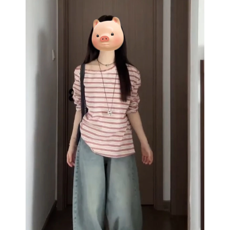 巨好看的红色条纹斜肩长袖T恤女设计感小众露宽松肩早秋chic上衣