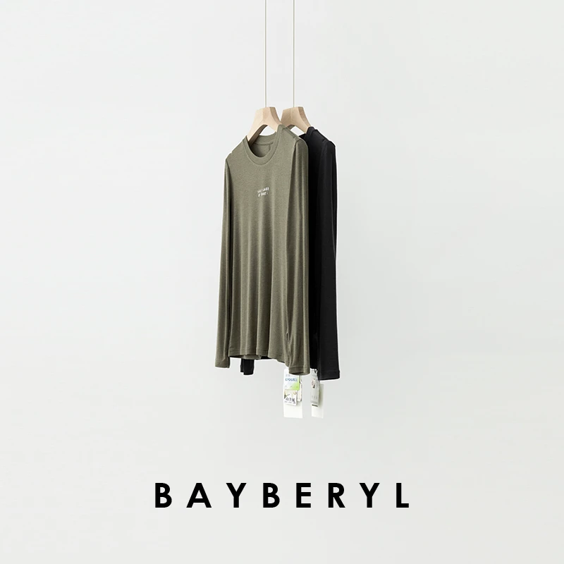 BAYBERYL老贝泥灰绿*字母弹力舒适打底圆领秋长袖T恤NT5G1707-8/6
