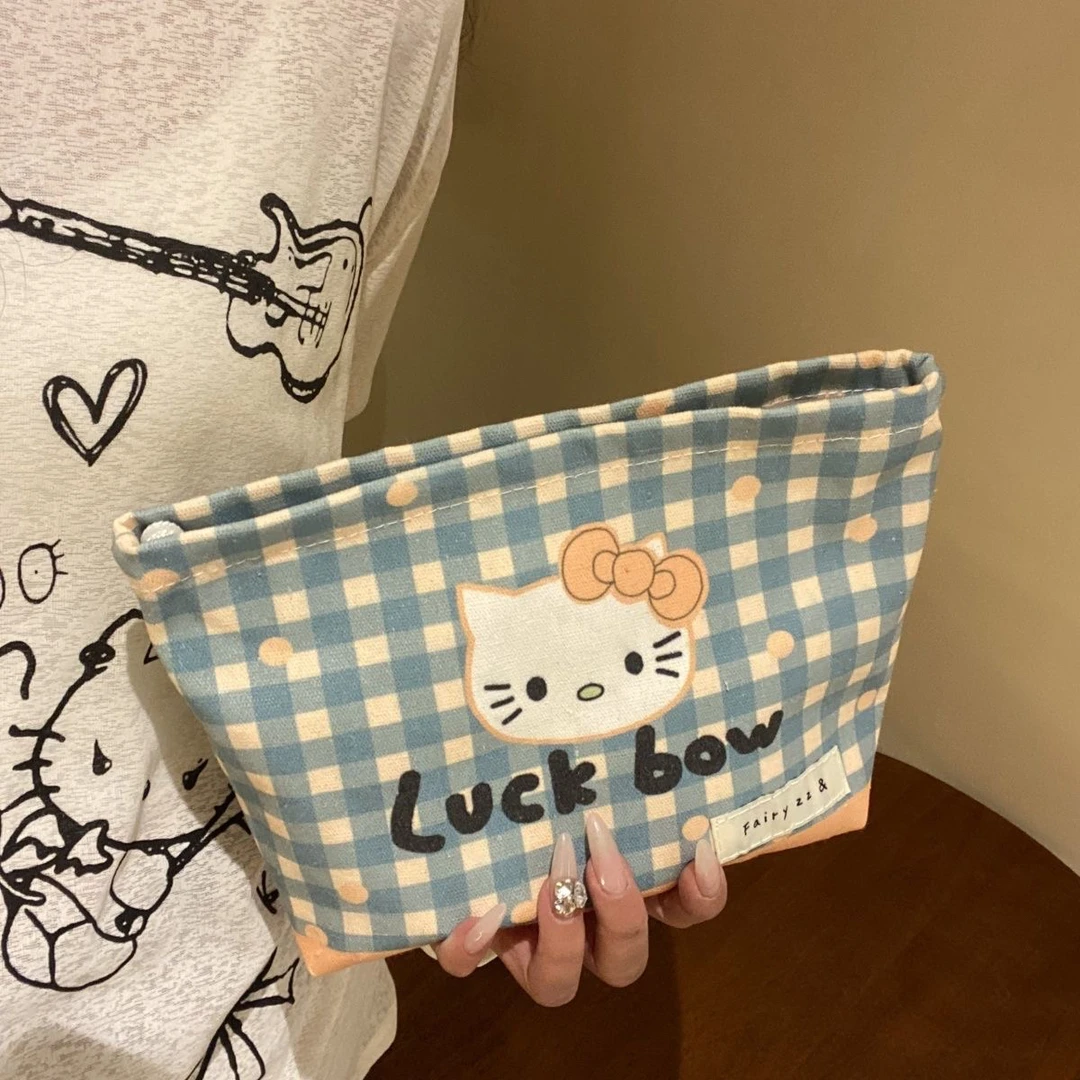 仙女zz&原创设计中古kitty猫格子手拿内胆包口红化妆洗漱收纳袋