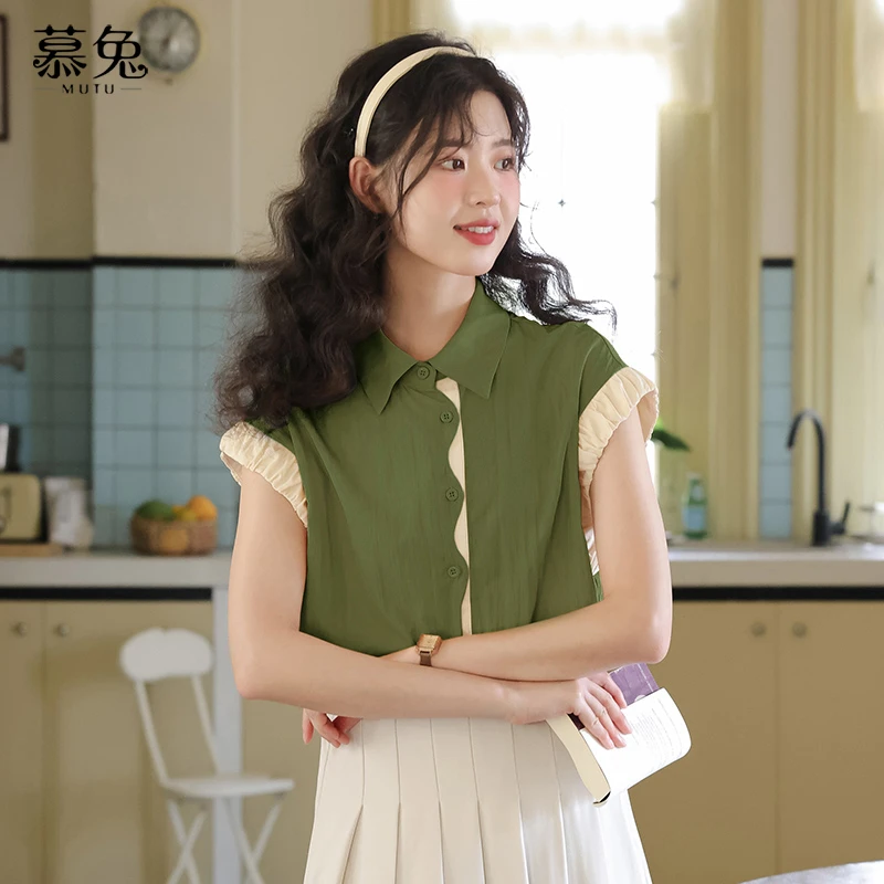 【侧边有挡片~不走光】复古港风拼色短袖衬衫女别致宽松显瘦上衣