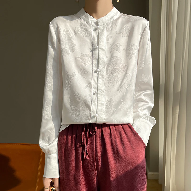 缎面新中式立领盘扣重工提花暗花气质百搭长袖显瘦纯色打底小衫