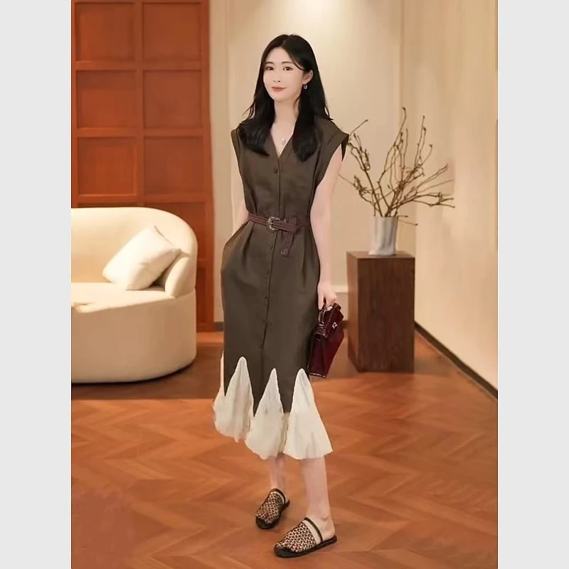 ZX6350咖色拼接连衣裙夏法式高级感简单大方得体气质收腰长裙