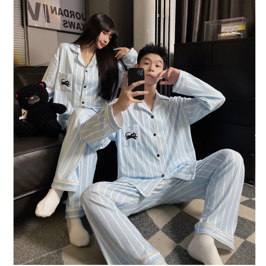 情侣睡衣女长袖德绒秋冬男士薄绒高级感海岛绒翻领黑猫家居服套装