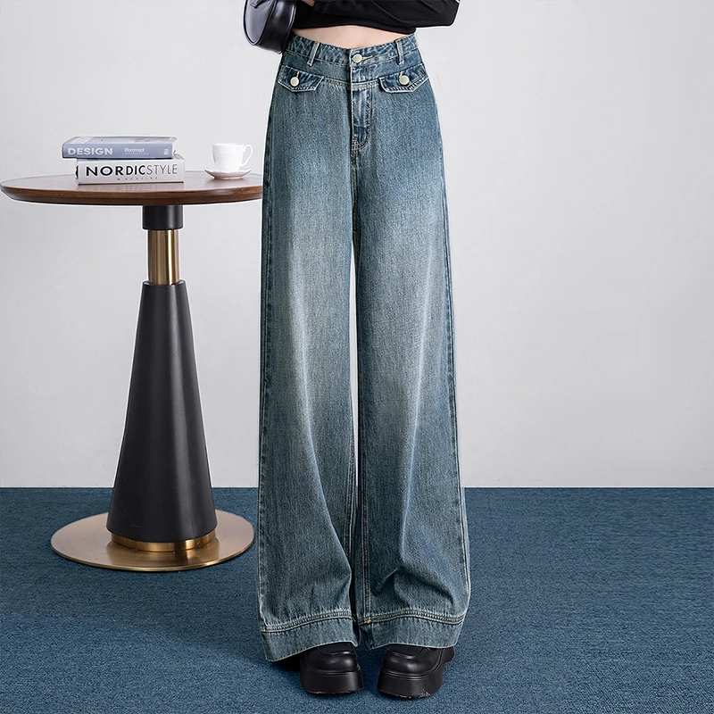 丝柏舍2025棉秋装女复古宽松水洗阔腿高腰长款牛仔裤S43K8622K