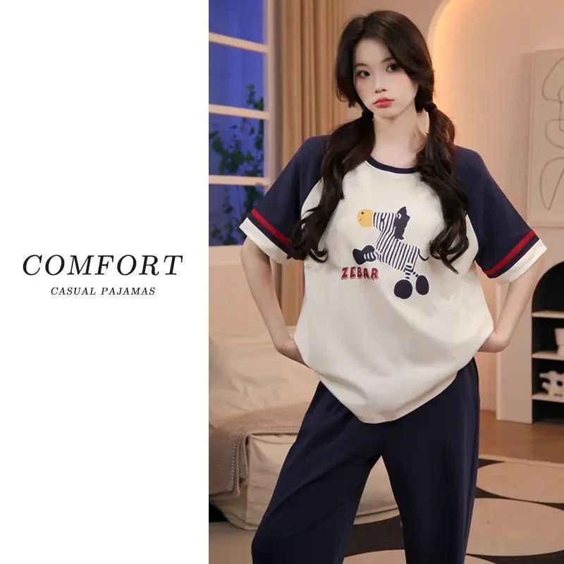 带胸垫睡衣女夏季纯棉2025新款网红爆款短袖可外穿长裤家居服套装
