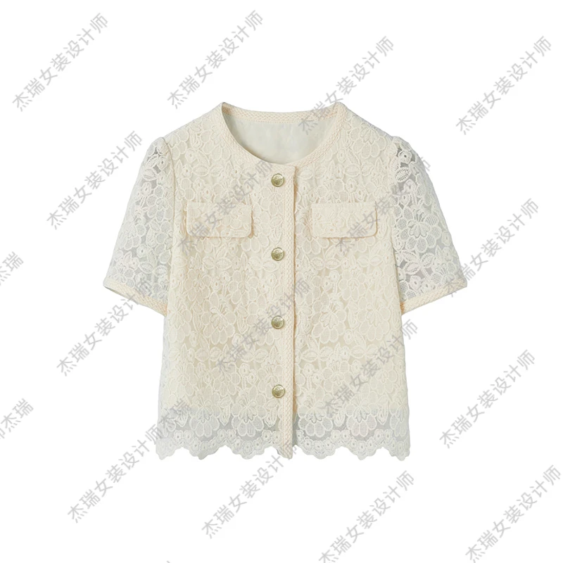 JUNJJ【白月流光】2024夏季新品蕾丝短袖镂空立体花瓣短款气质百搭