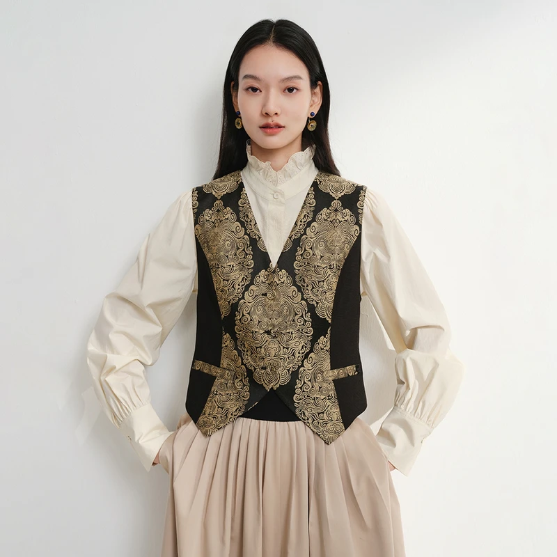 【蓝标】EP雅莹女装 收腰V领拼接提花国风马甲外套 新款1045A
