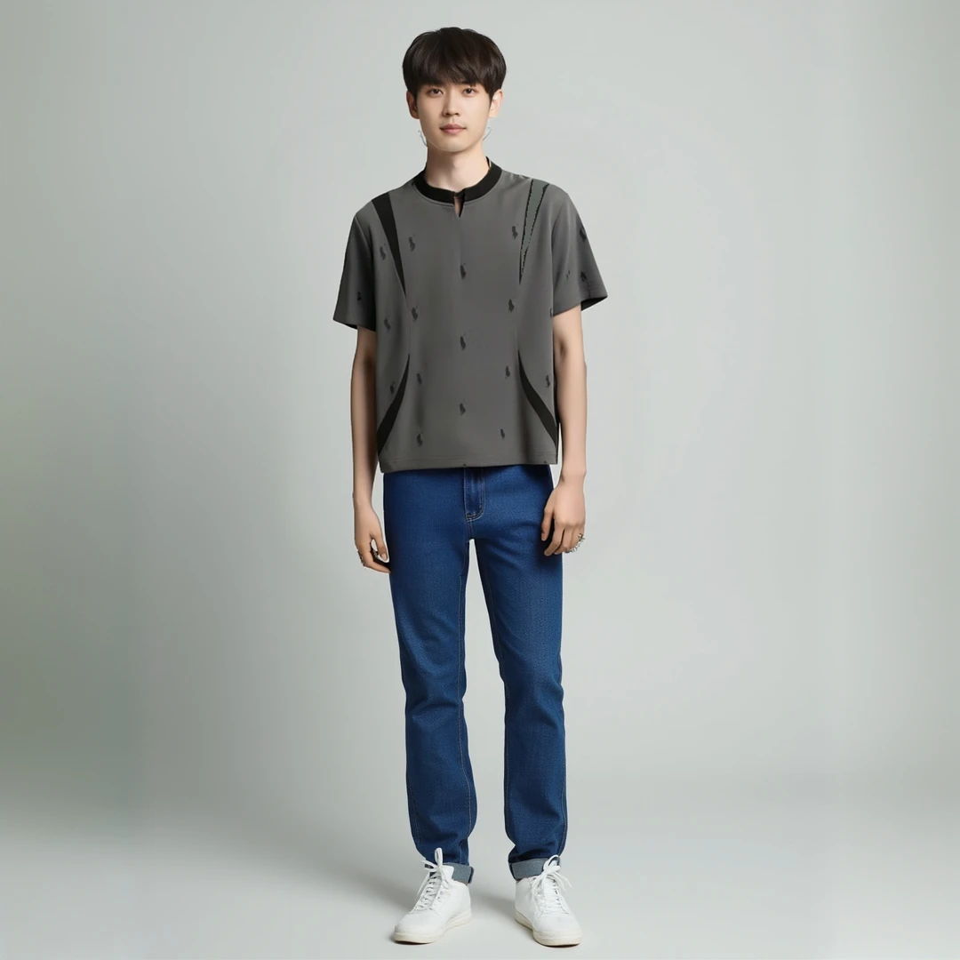 轻奢痞帅男装高级圆领T恤夏季经典爆款男时尚拼接半截袖赫本风