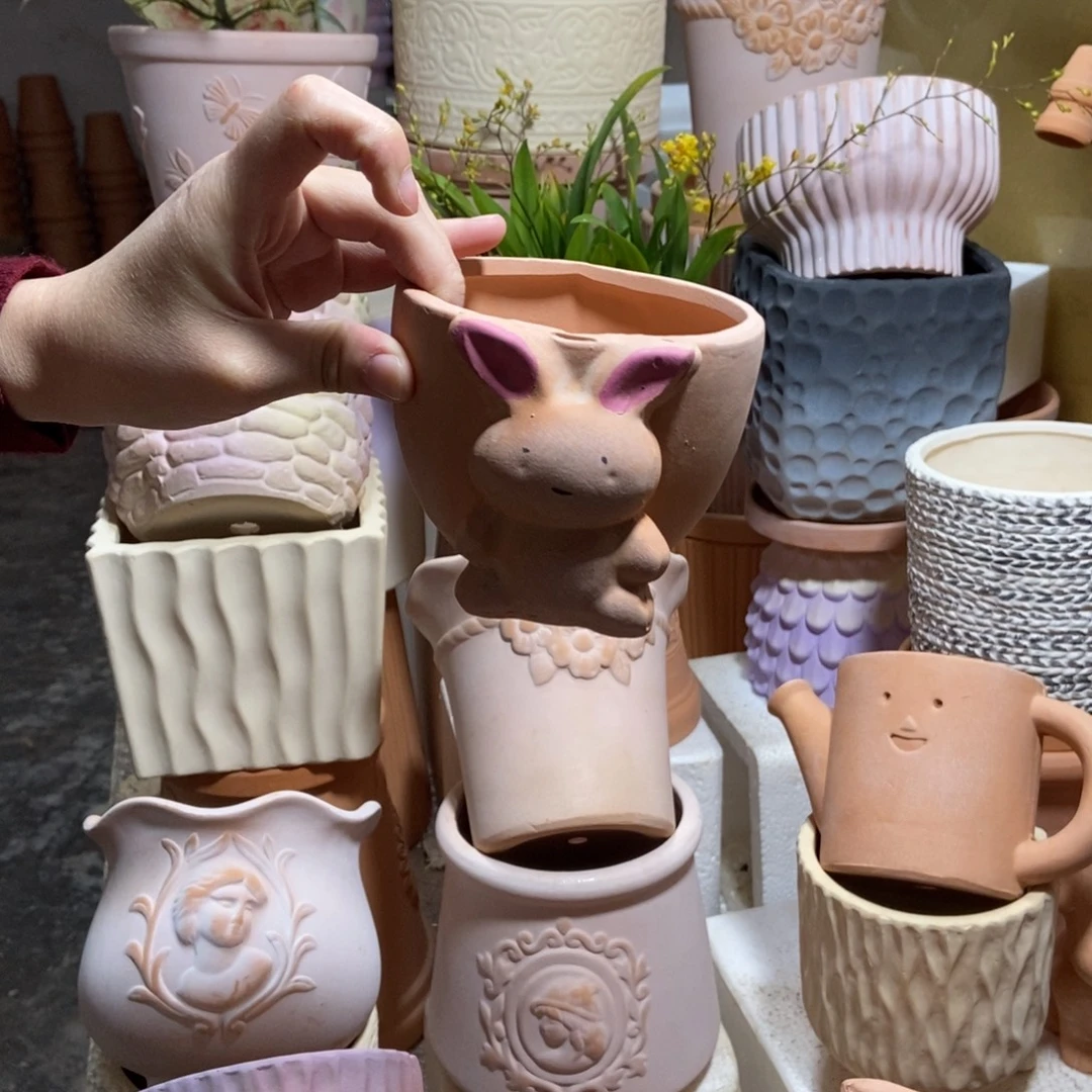 小***满11×8手工彩绘小兔子盆 粗陶1个