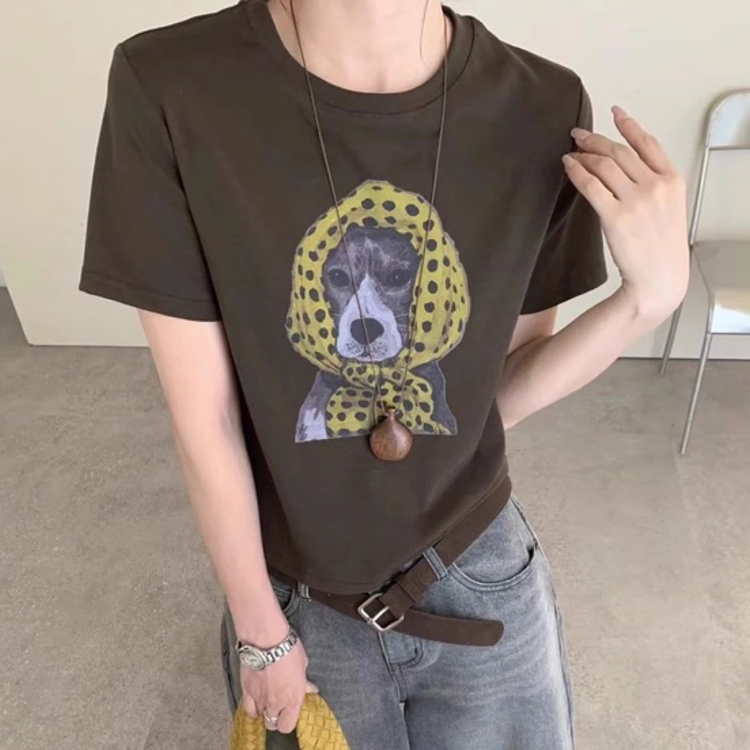 【女人家】2905早秋新款圆领卡通小狗印花T恤