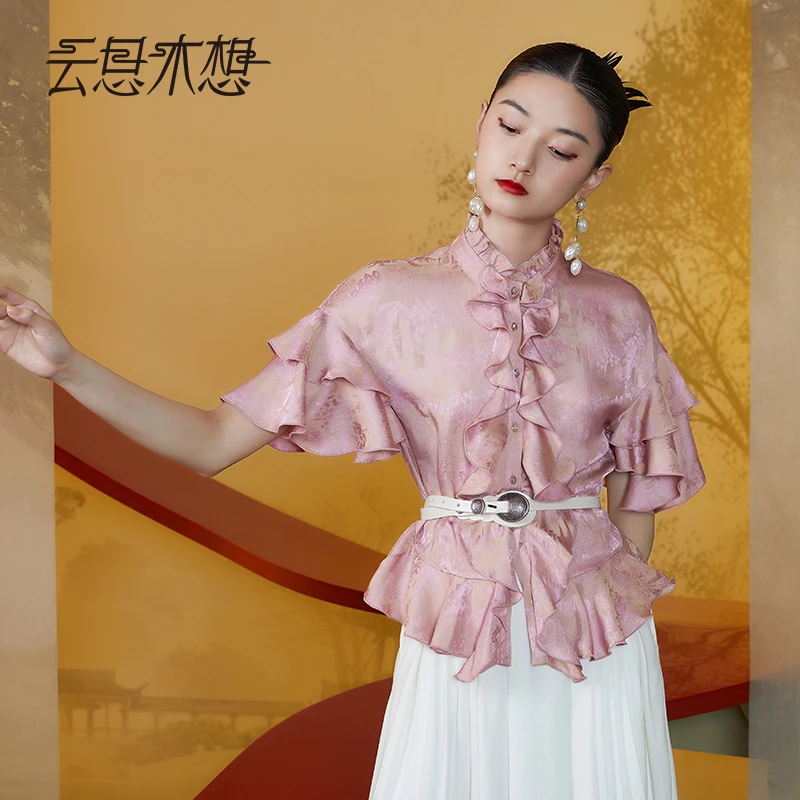 Ysimo-X云思木想新中式2024夏季新款荷叶边提花立领优雅衬衫11505