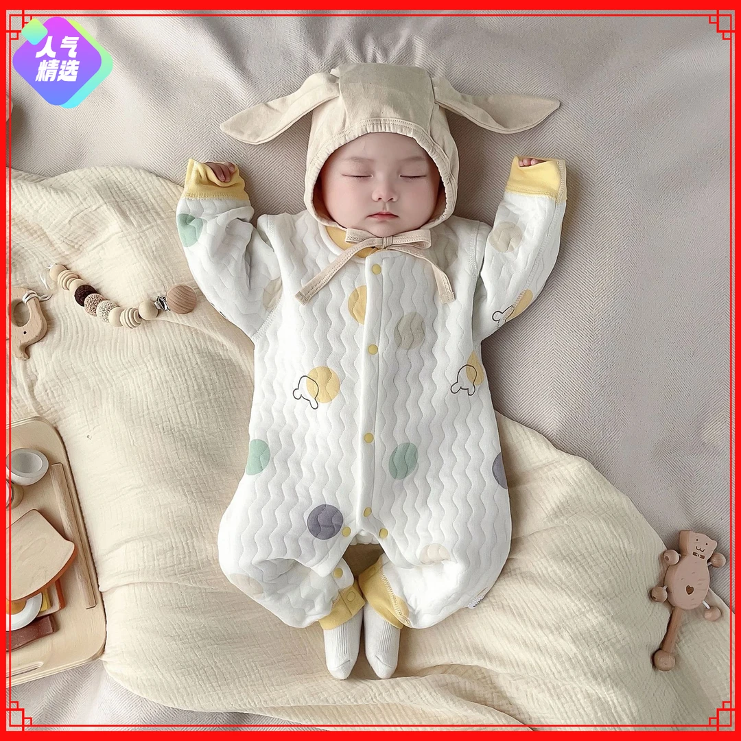 婴儿外出服春秋秋冬款婴儿宝宝无骨三层保暖印花夹棉连体衣春秋款