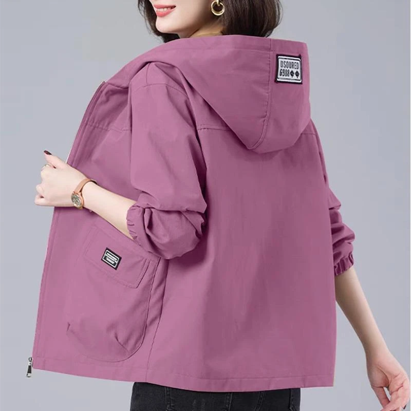 大码连帽外套妈妈款女装春秋薄款2025年新款宽松休闲夹克短款风衣