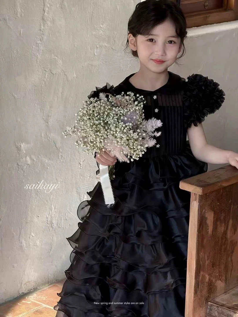 Saikayi正品优雅黑色公主连衣裙轻纱荷叶边竖条纹透视设计气质
