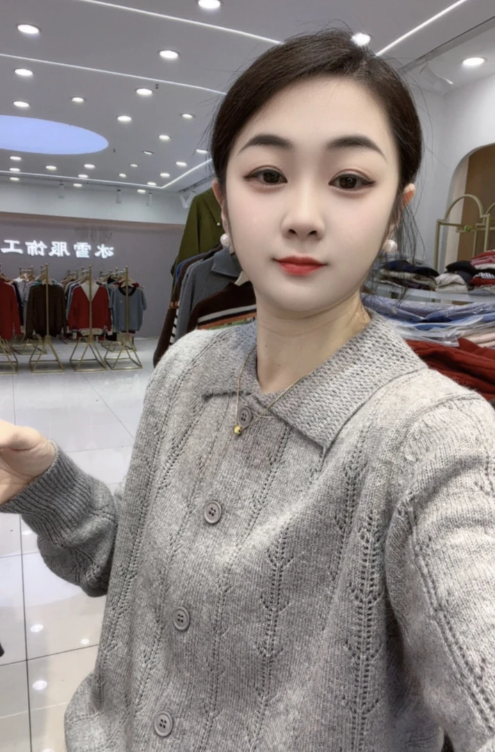 【镂空翻领开衫-灰】2025秋冬新款镂空针织开衫韩版百搭翻领上衣