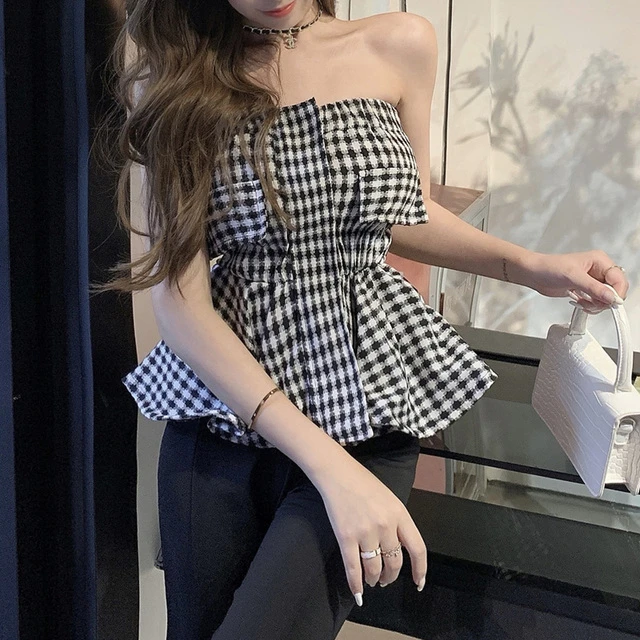 chic甜辣妹抹胸一字肩衬衫女夏季高级设计感小众法式短款锁骨上衣