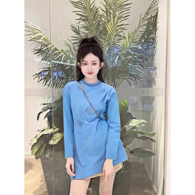 蓝色长袖t恤女205秋季新款欧货时尚宽松洋气百搭设计感中长款上衣