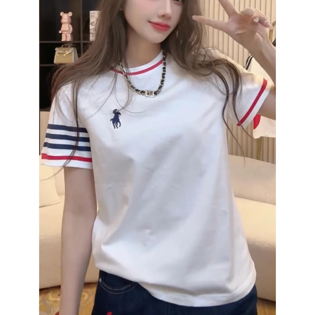 潮牌刺绣撞色领口圆领短袖T恤女2025夏新款百搭显瘦织带拼接上衣
