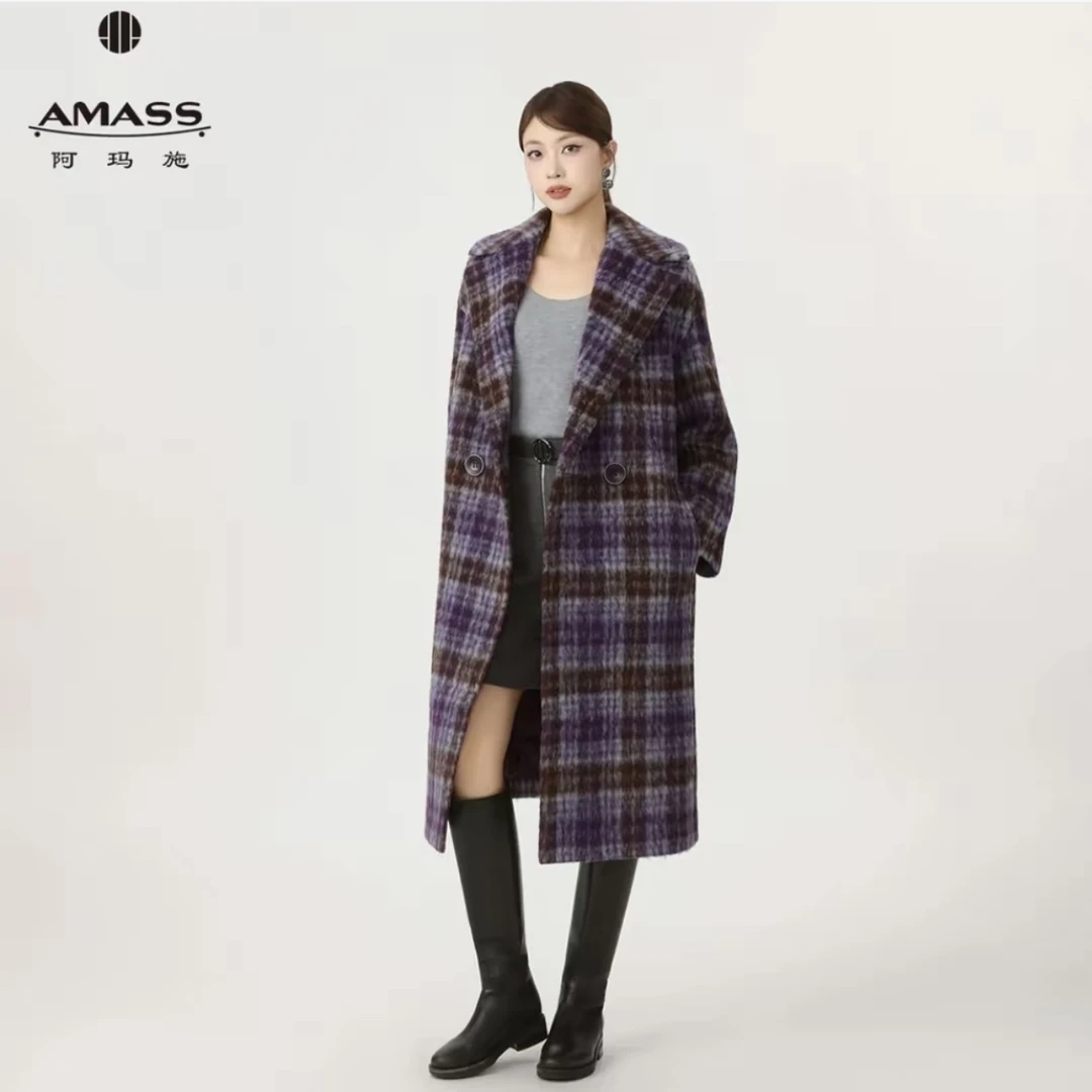 AMASS/阿玛施 5400361 毛呢大衣时尚羊绒格子紫色双面呢秋冬格纹