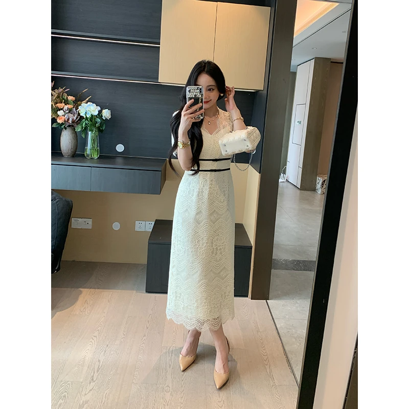 XINYI【月光珍珠】夏季撞色腰线蕾丝连衣裙收腰显瘦裙X625Q06888