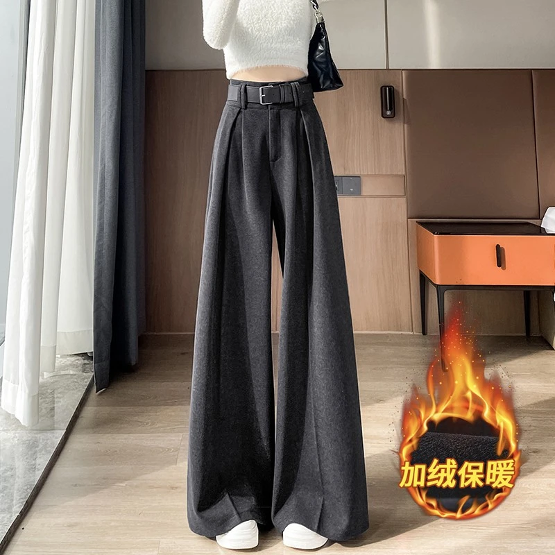 黑色山本裤加绒加厚毛呢阔腿裤秋冬显瘦拖地裤直筒宽松西装休闲裤