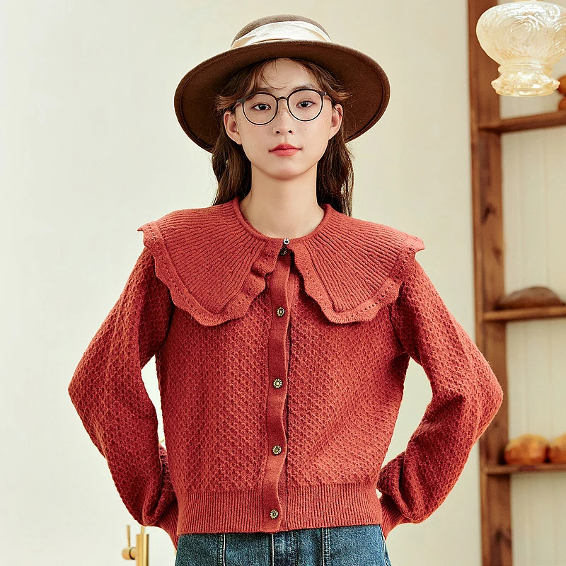 紫涵小波浪娃娃领针织开衫冬季森系学院风收腰针织外套Z3Z10BS297