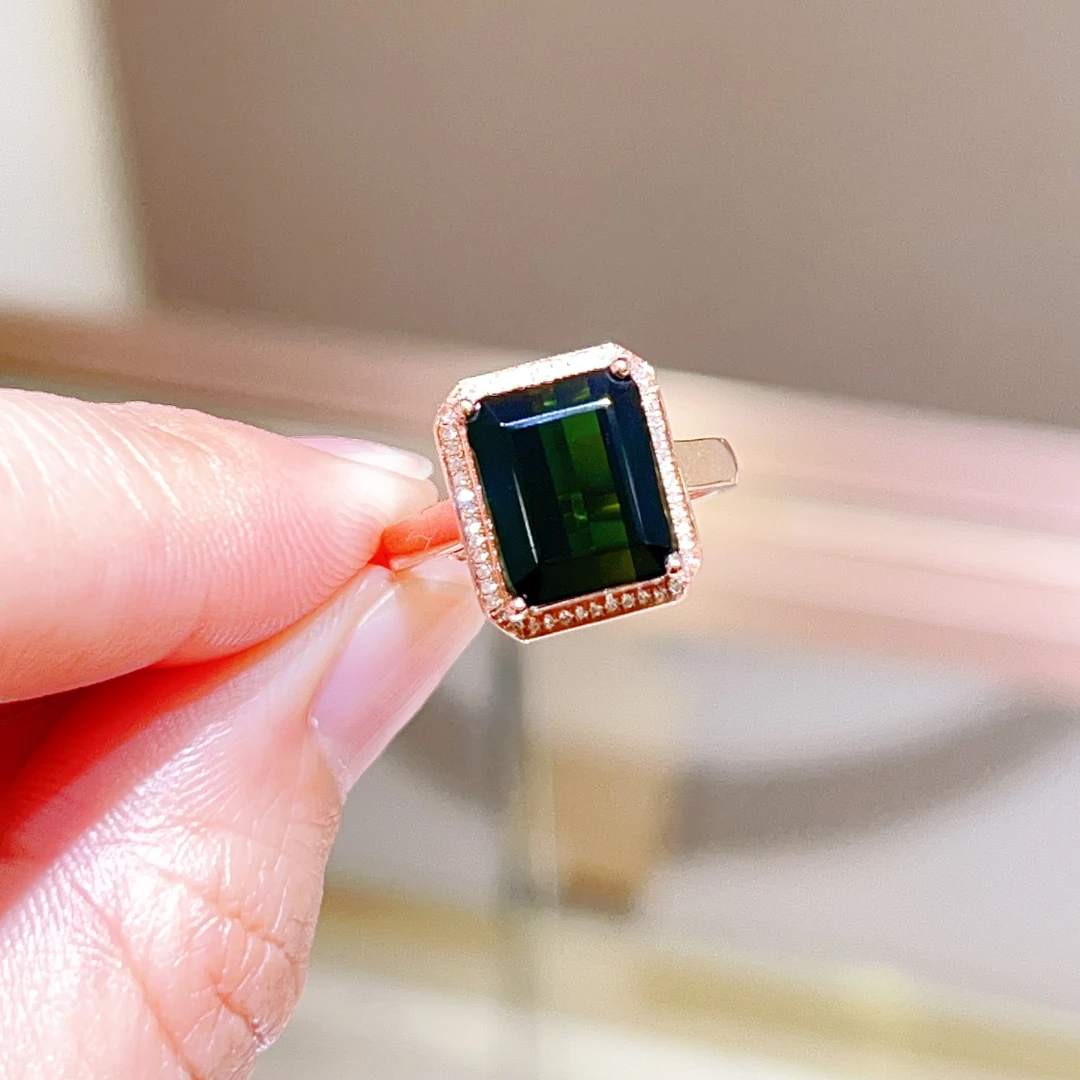 5.16ct 18k玫瑰金镶嵌碧玺戒指 墨绿深色