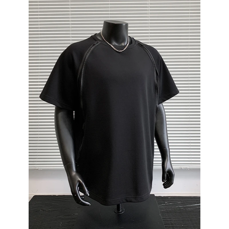 匡虎拼接拉链短袖t恤男士夏季美式复古五分半截短袖体恤潮流百搭