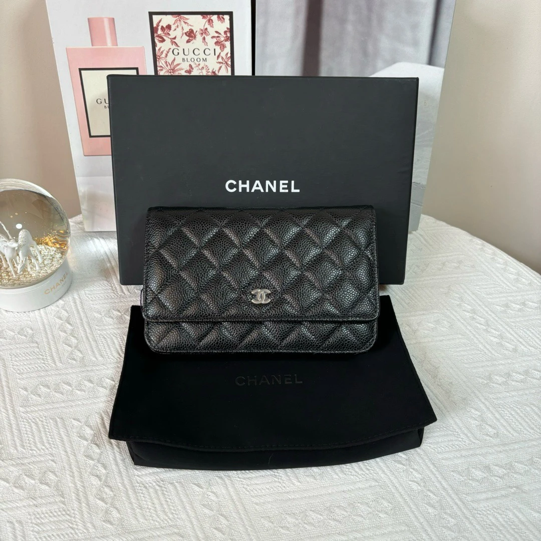 全新未使用 Chanel/香奈儿 黑银荔枝纹woc包芯片款