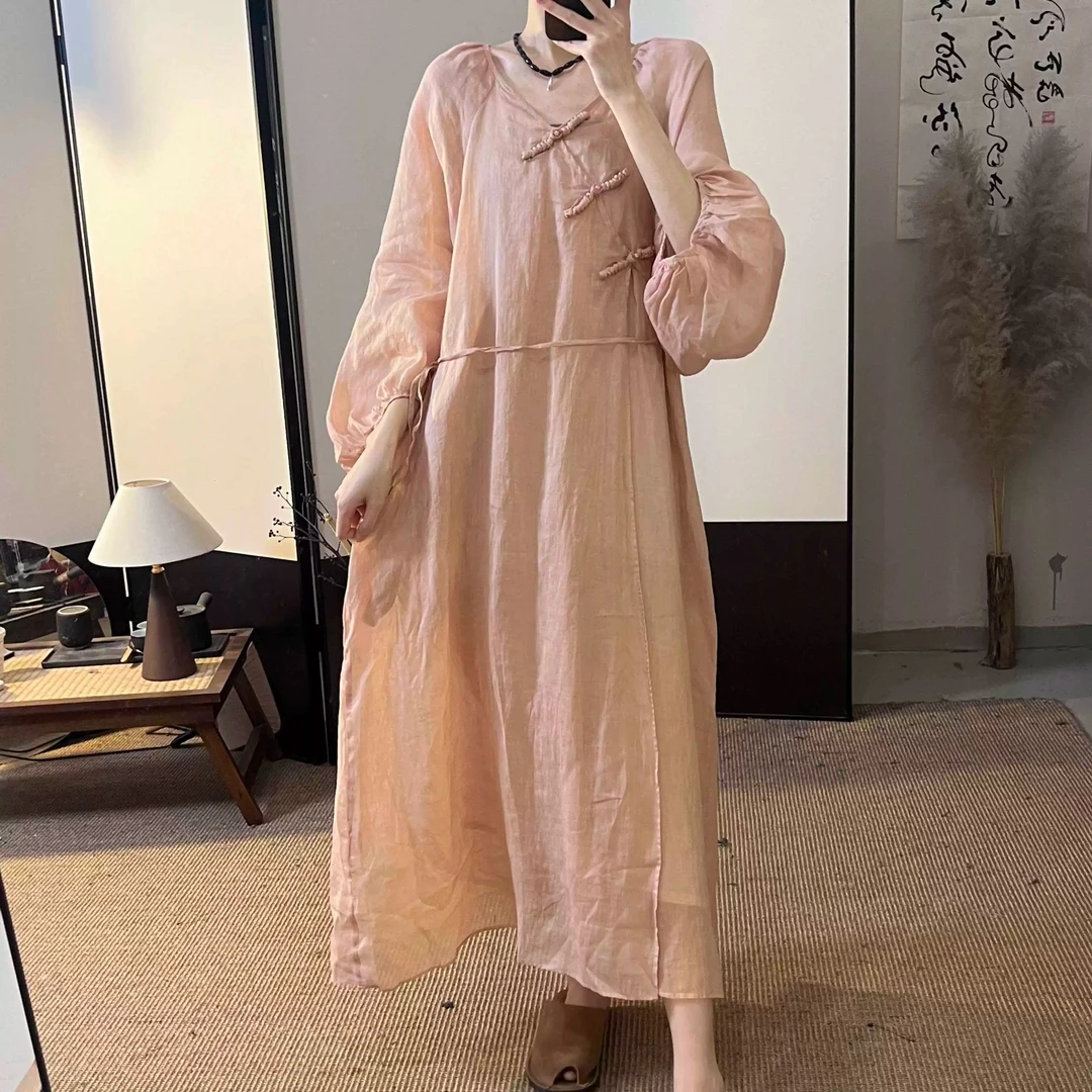 2025春季新款新中式国风禅意连衣裙女复古盘扣两件套带吊带内衬
