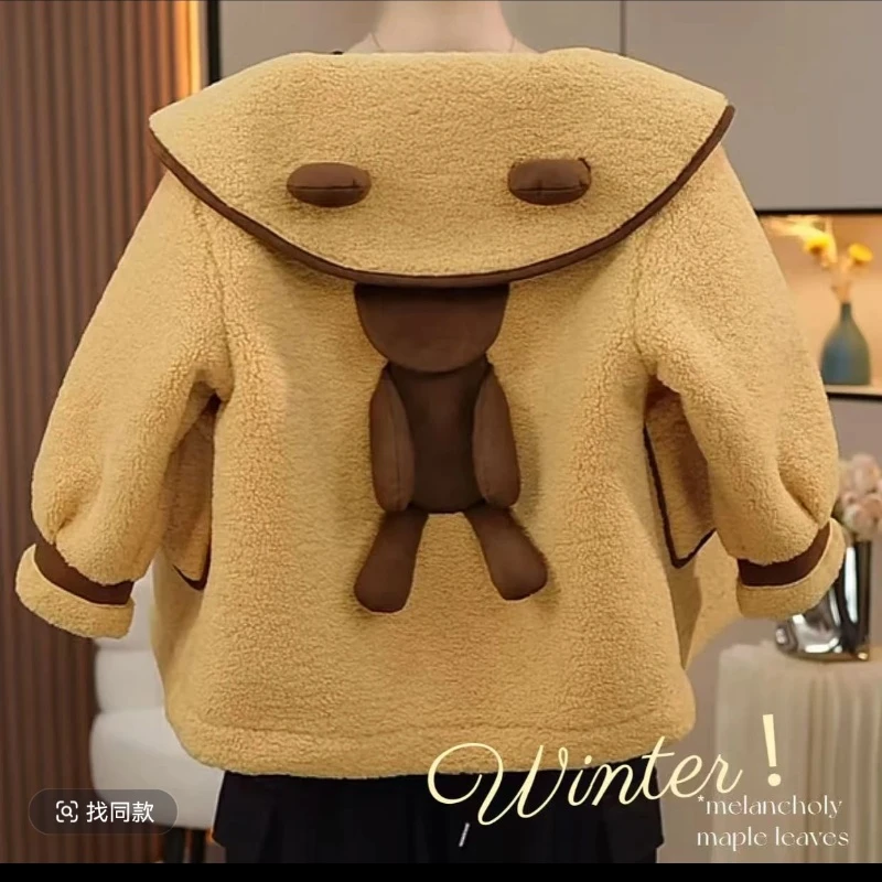 女童皮毛一体毛毛衣外套2025新款秋冬款中长款卡通小熊加厚保暖潮