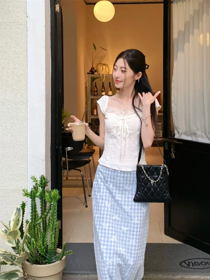 甜美别致绝美短款夏季显瘦上衣蓝色格纹蕾丝显瘦半身裙蝴蝶套装