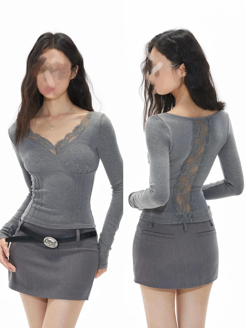 清妍设计蕾丝磨毛打底后背蕾丝v领打底内搭秋冬3012